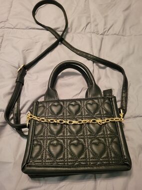 Black Faux Quilted Heart Mini Crossbody Bag with Gold Tone Chain